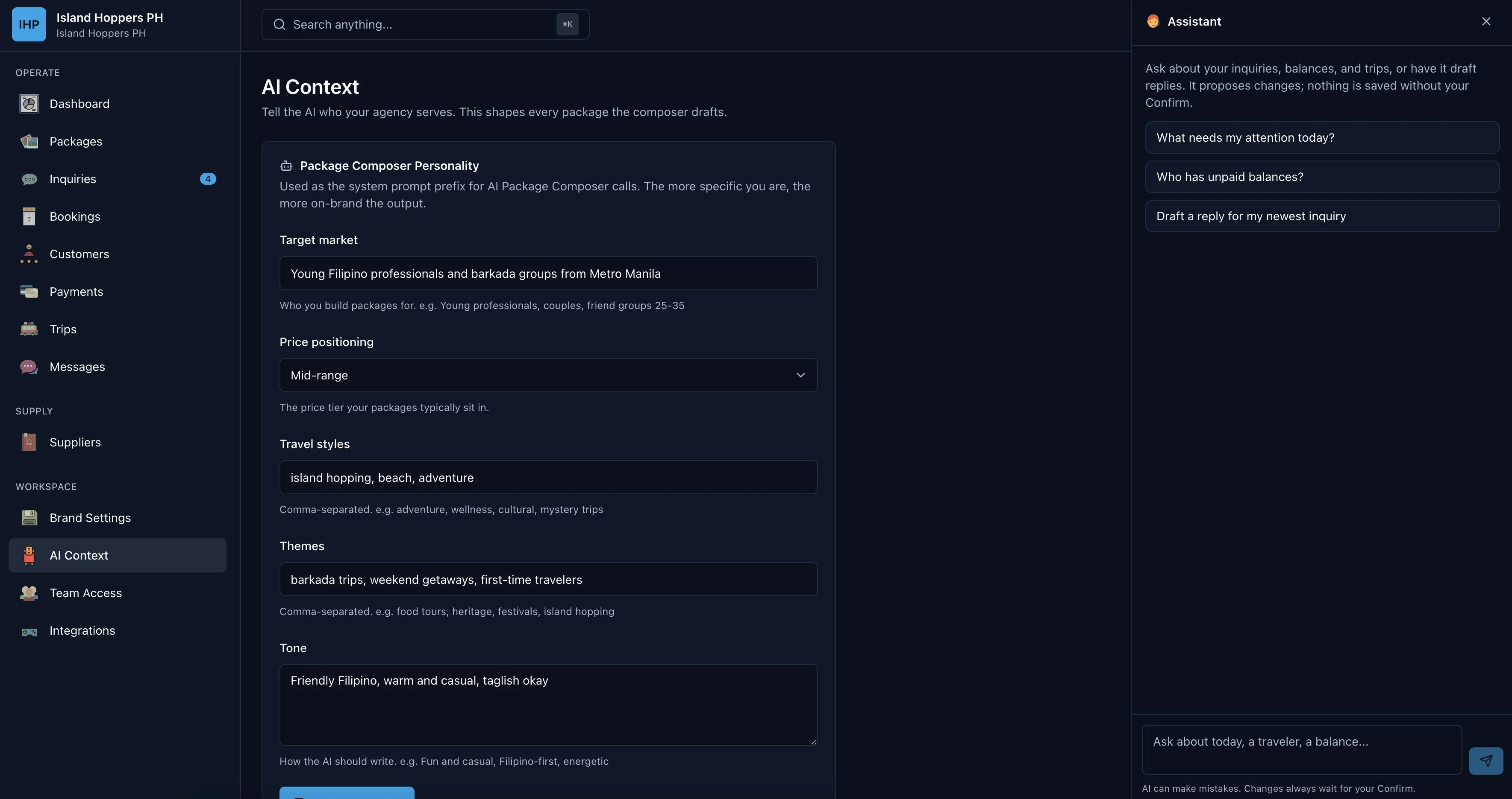 AI assistant grounded on your packages and suppliers