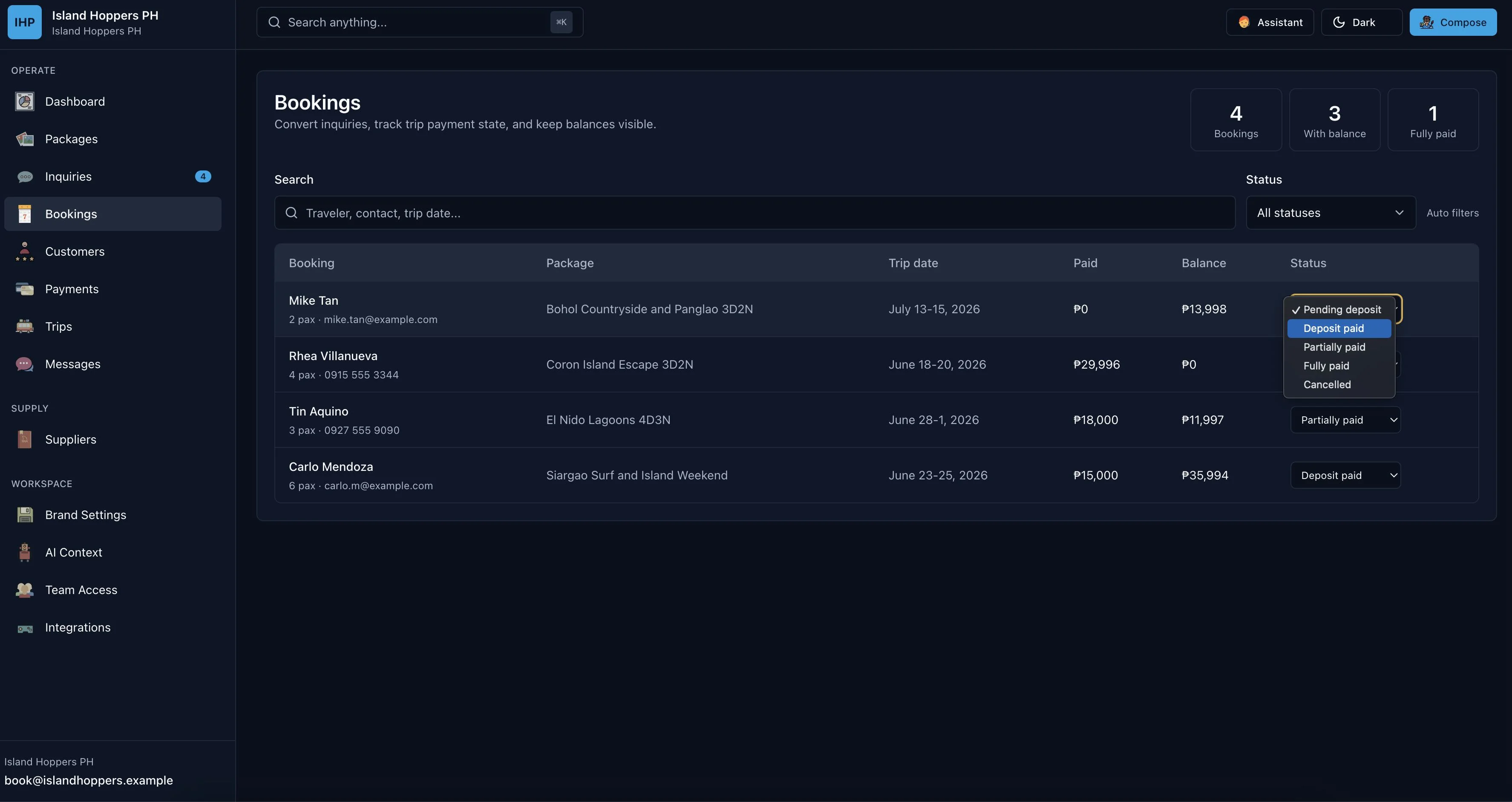 Booking detail with payments and trip info