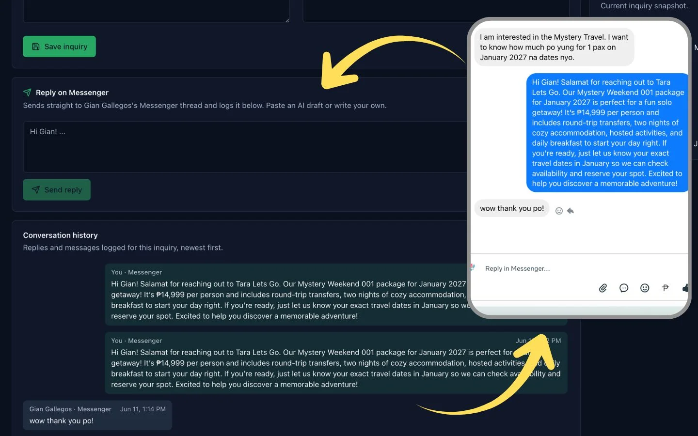 Two-way live Messenger inside TravelOS